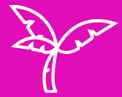 White outline of a stylized plant with three leaves on a solid pink background.
