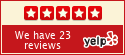 A Yelp badge displays five red stars and text stating "We have 23 reviews" with the Yelp logo on a red background.