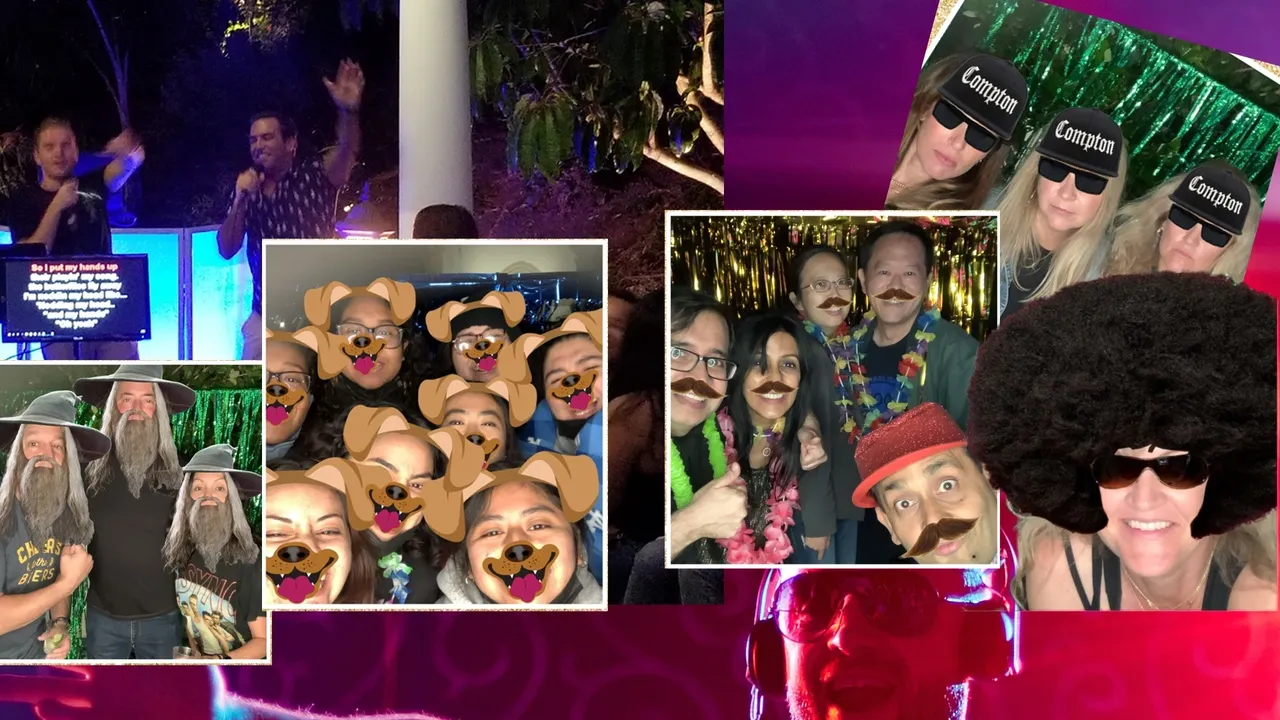 photo booth collage of guests with Mr Dj Services some singing karaoke, hats, glasses, and fake mustaches, and others using a dog filter