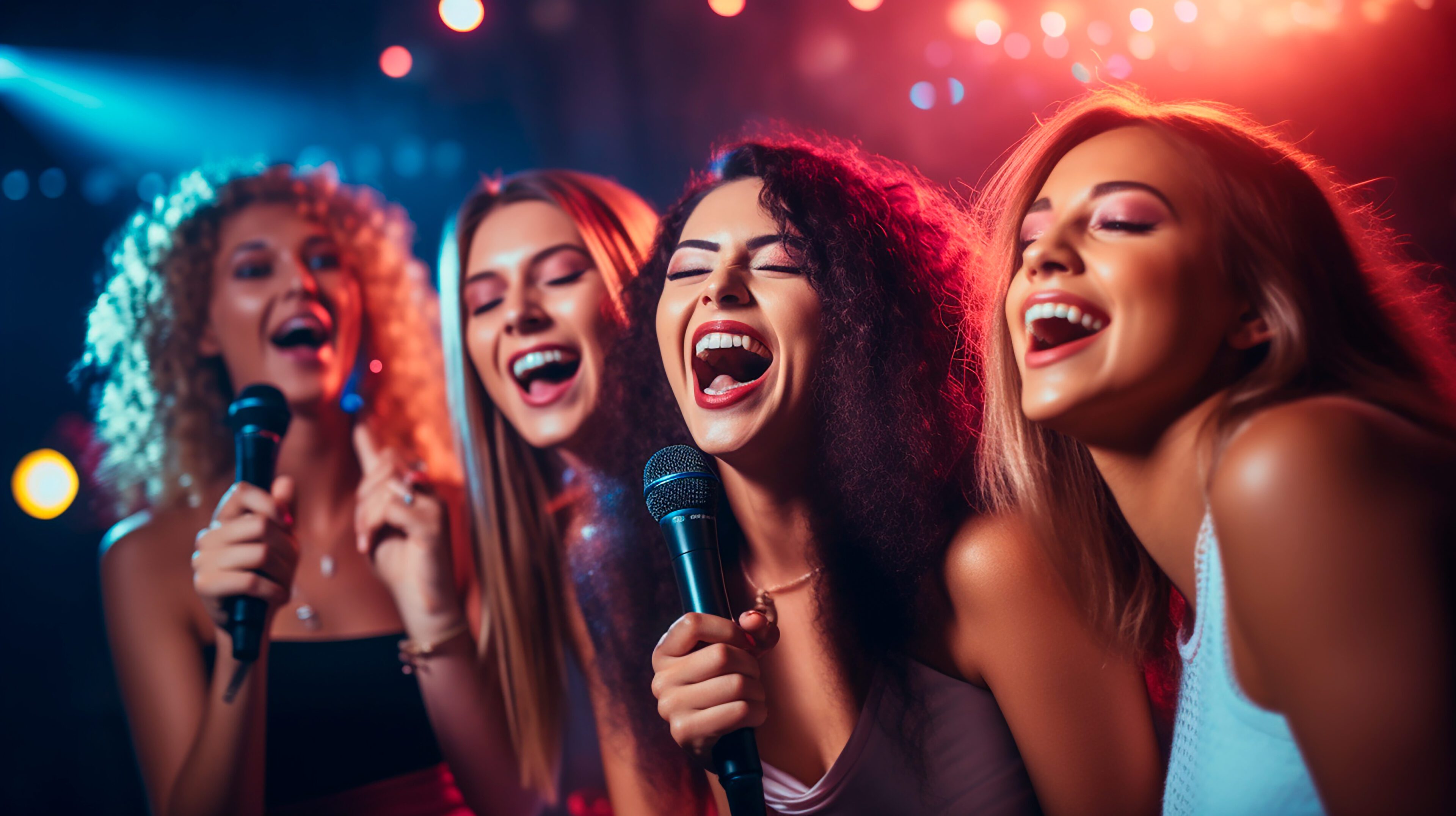 Four young women sing karaoke with lighting from Mr Dj Services and a super fun night with the dj music