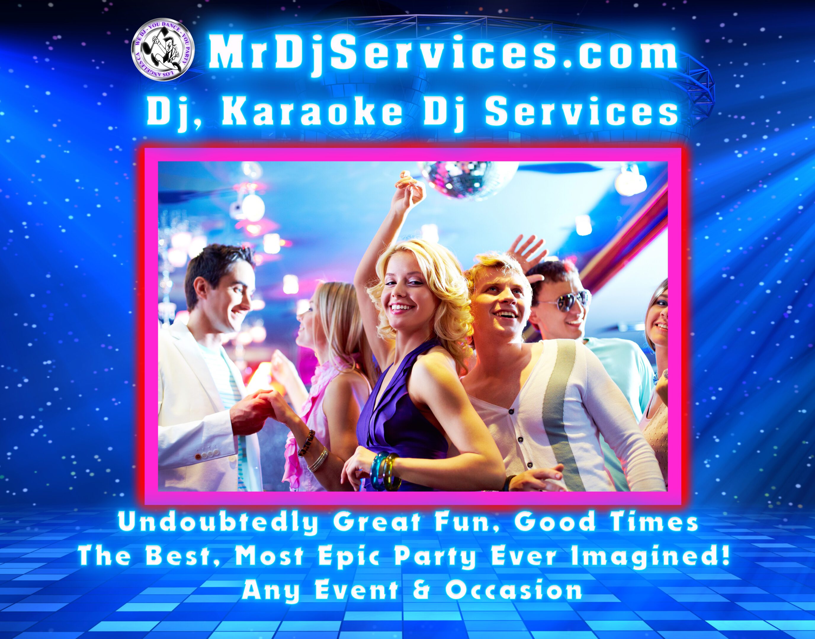 our dj clients dancing and smiling at our event. Colorful lights, with promotional text for DJs and karaoke DJ services displayed