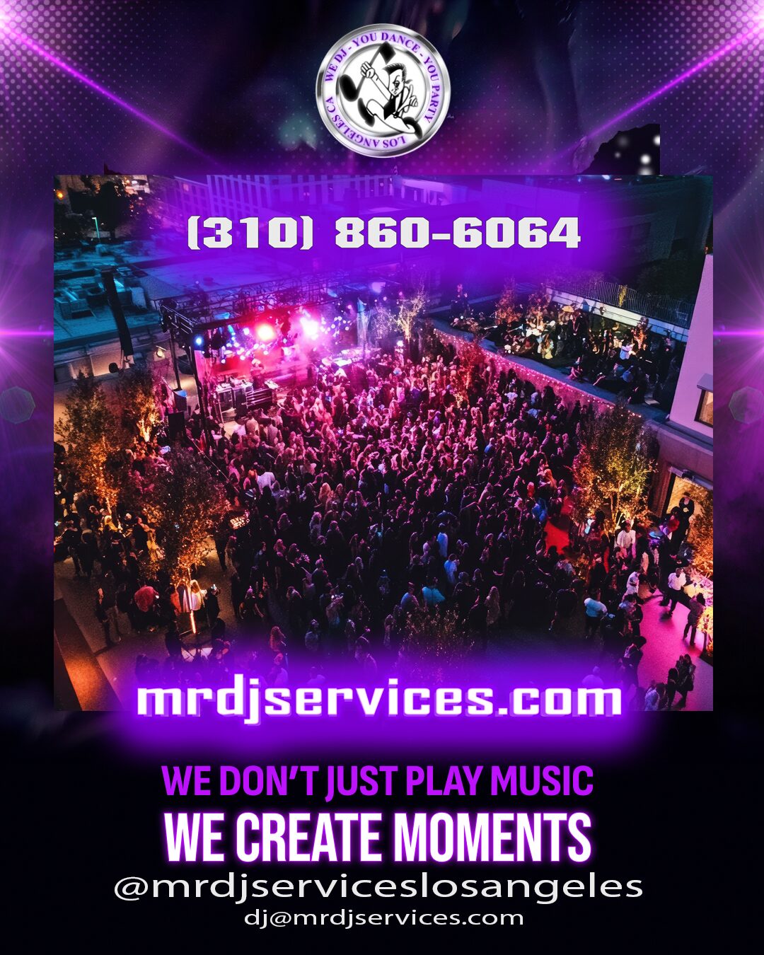 A large crowd, an outdoor stage at night and our Corporate event dj services promoting Event DJ Services with Mr Dj Services.