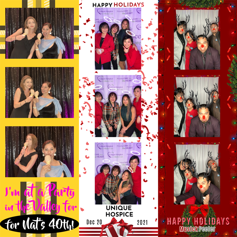 A collage of photo booth 2x6 print strips at parties and holiday events, dressed up, posing with props in a festive photo booth, and cheerful