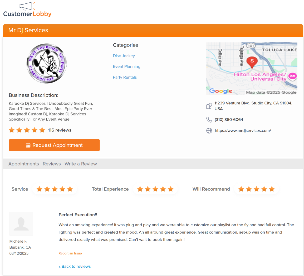 dj reviews screenshot of a business profile for "Mr DJ Services" on CustomerLobby, showing a 5-star review, business details, location map, and contact information.