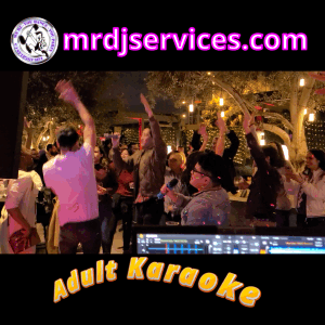 A lively group of adults sings and dances at a Karaoke DJ event. Text reads "mrdjservices.com" and "Adult Karaoke." DJ equipment is visible in the foreground.