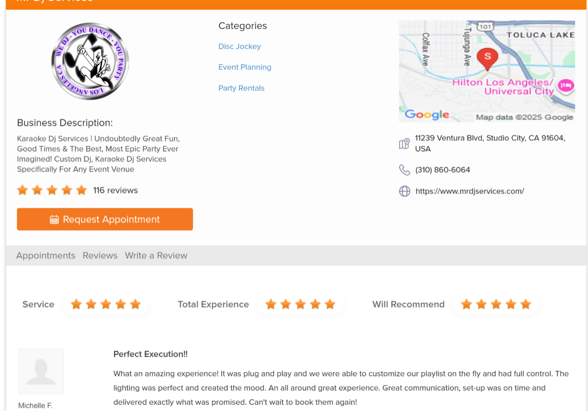dj reviews screenshot of a business profile for "Mr DJ Services" on CustomerLobby, showing a 5-star review, business details, location map, and contact information.