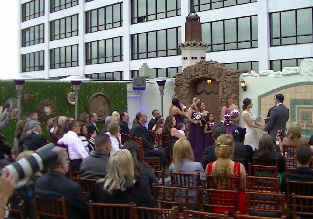 Best Wedding Dj outdoor wedding ceremony guests, wedding party, an officiant, bride and groom and Mr Dj Services